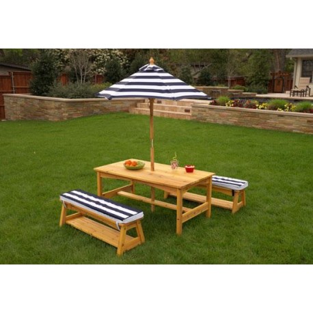 Table d'extérieur pour enfant avec ses deux bancs et son parasol