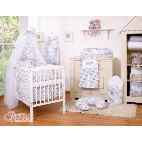 Parure de lit bébé deux coeurs blanc à pois noir