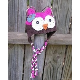 bonnet hibou prune et rose