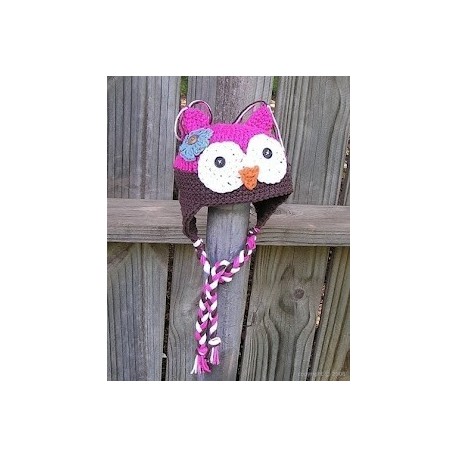 bonnet hibou prune et rose