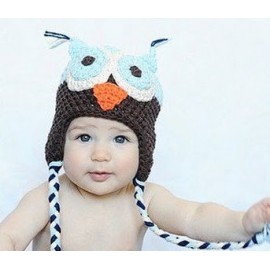 bonnet hibou pour bébé ciel et marron