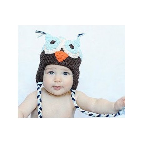 bonnet hibou pour bébé ciel et marron