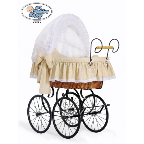 Berceau rétro et sa parure complète beige à pois  et blanc