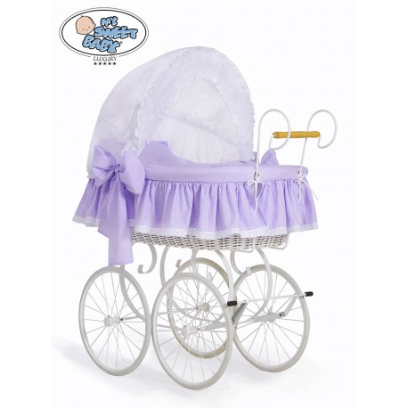 Berceau rétro et sa parure complète lilas à pois et blanc châssis blanc